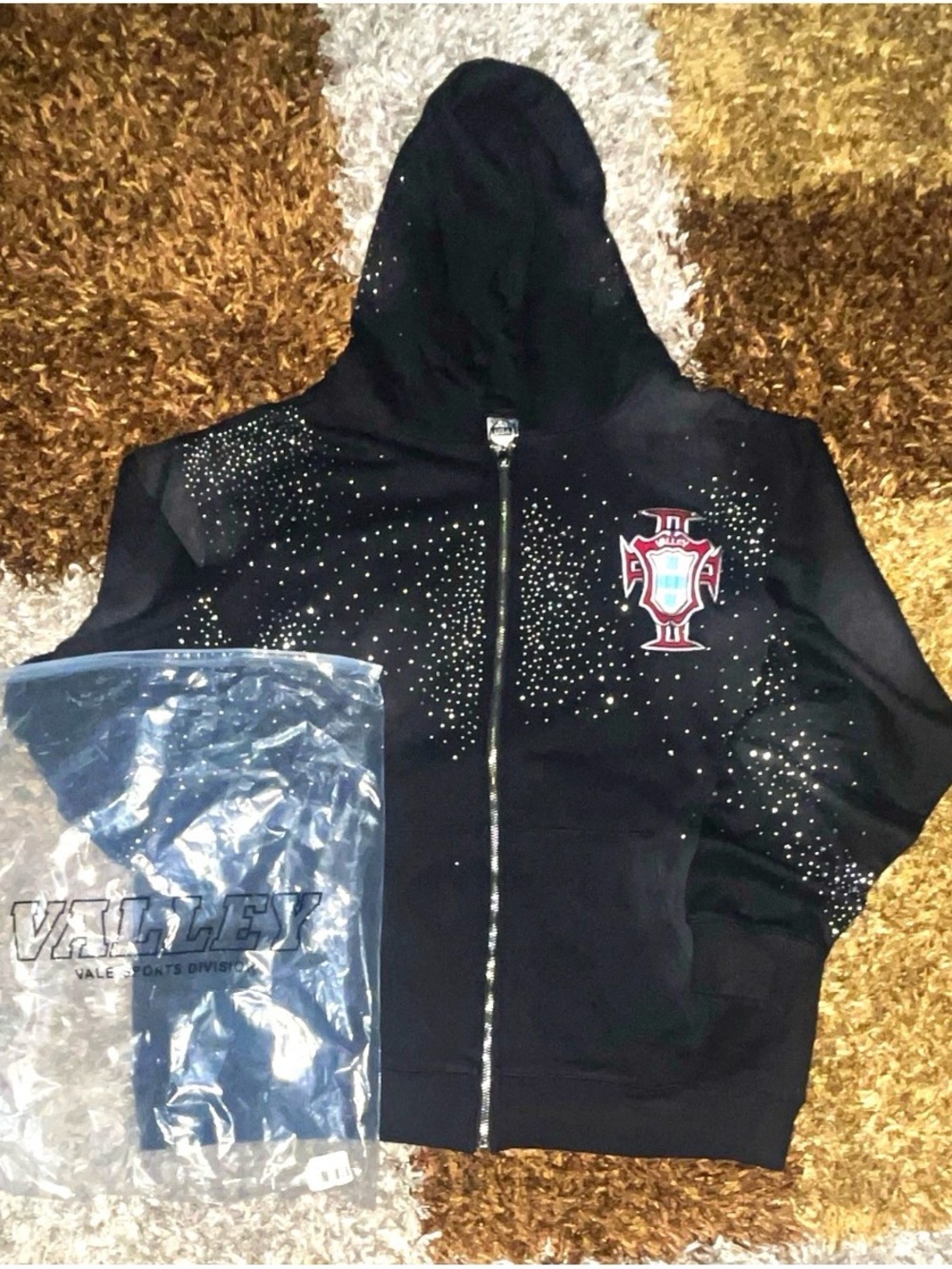 Men's Black Zip-Up VALLEY DREAMS Hoodie with Rhinestone Detailing